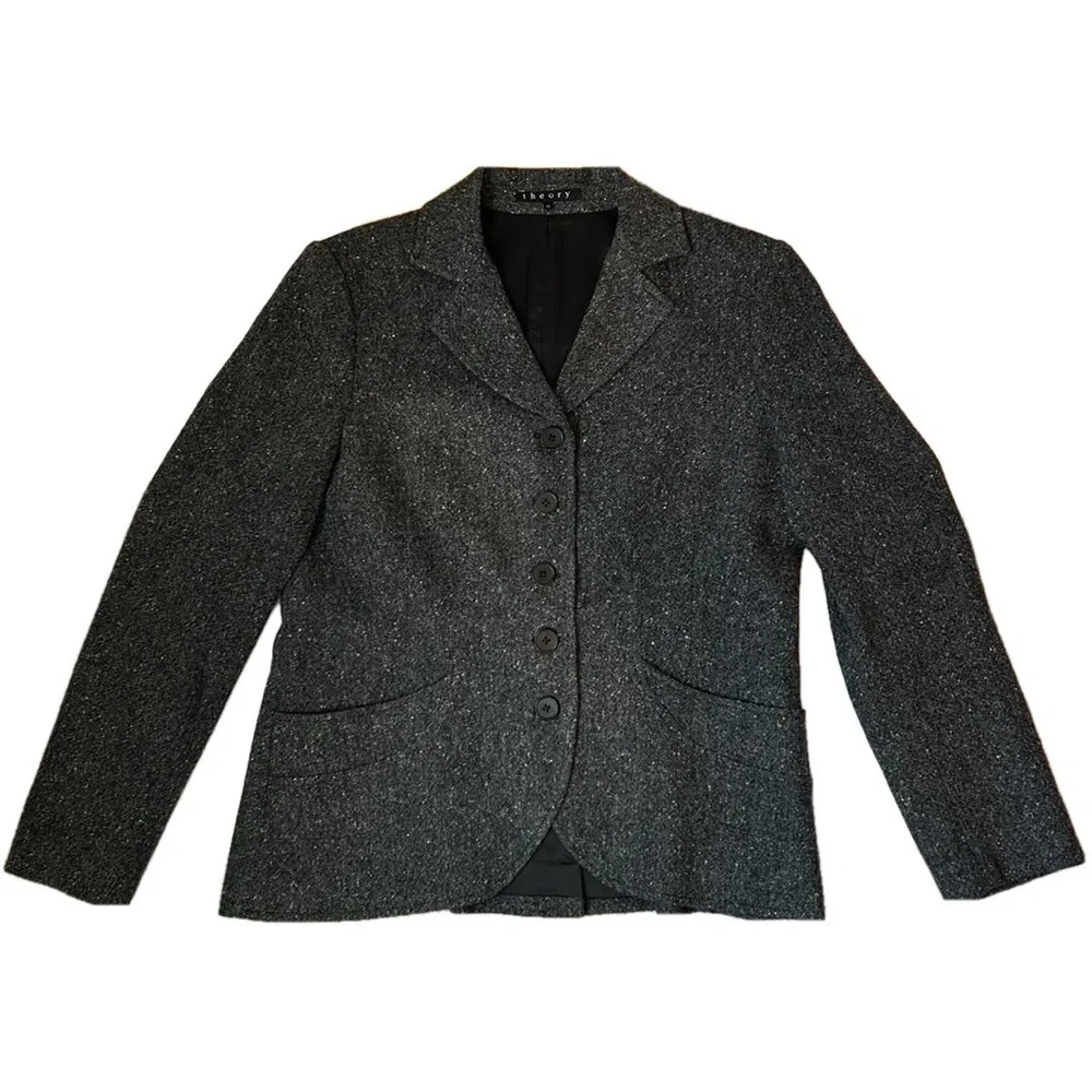 Theory Dark Gray Wool Tweed Button Front Blazer Jacket Lined Size 10 - Picture 2 of 10